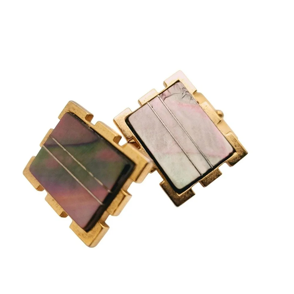 Cufflinks Abalone Shell Gold Tone Rectangle Inlay Iridescent 1960s Mid Century